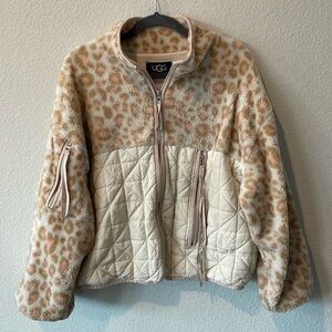 UGG Marlene faux leopard‎ fur fleece zip up jacket S
